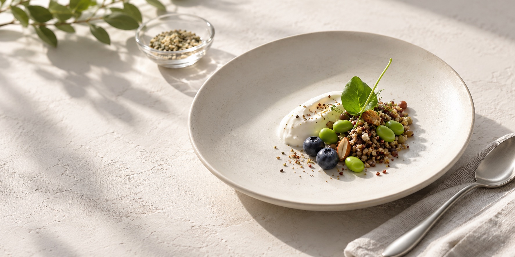 Porción pequeña y densa en nutrientes —yogur, quinoa, edamame y arándanos— sobre un plato amplio